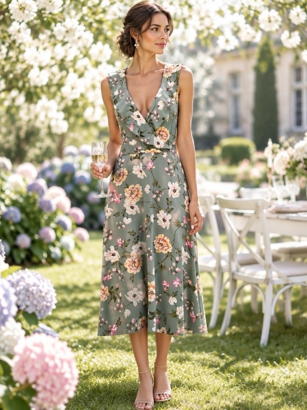 Fortune + Ivy Gray Floral Faux Wrap Midi Dress Size Medium